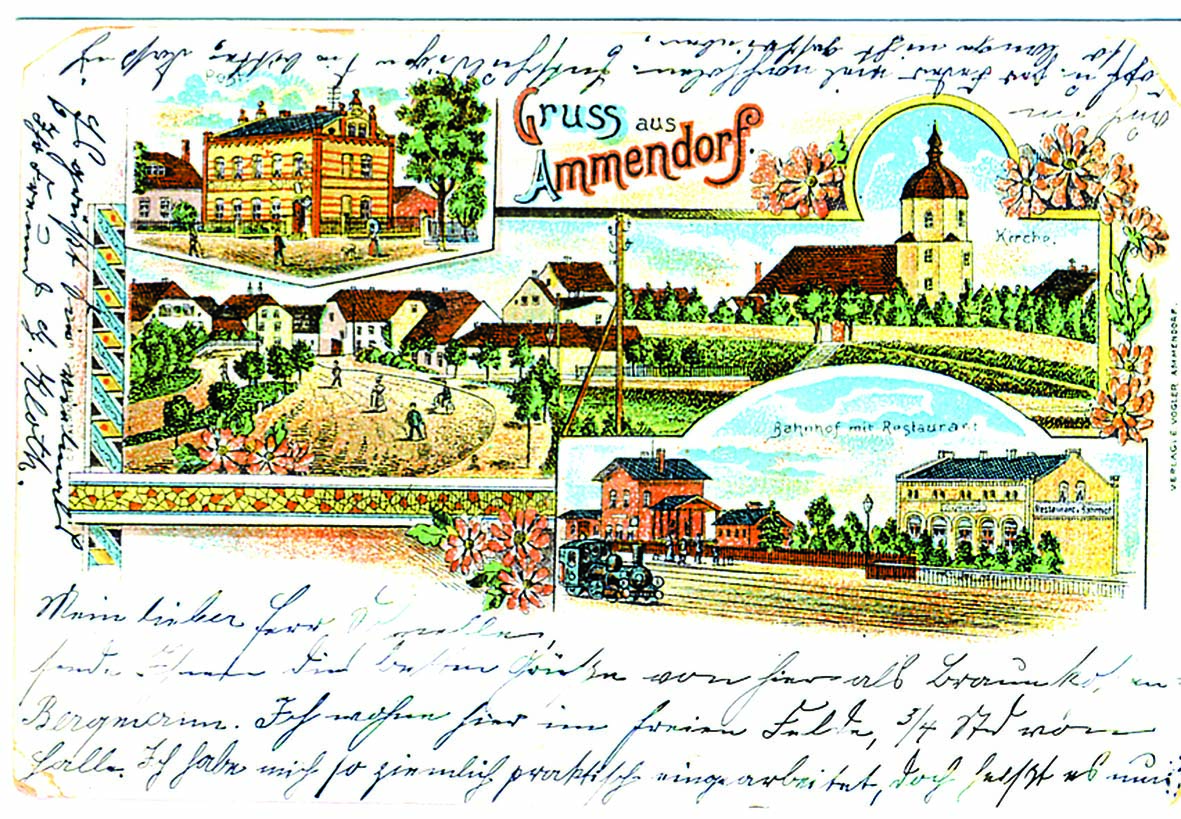 Ammendorfer Ansichten mit Kirche und Bahnhof (ca. 1888)